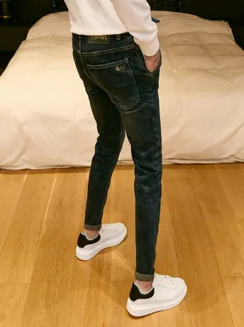 2023秋冬新款斜插口袋水洗牛仔裤男潮修身小脚裤个性刺绣铅笔长裤商品大图