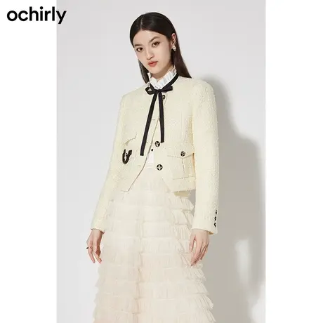 ochirly欧时力 CE风粗花呢小香风外套女 新款秋冬斜排扣PU皮环图片