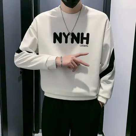 春秋季圆领卫衣男ins潮牌设计感拼接长袖T恤2023新款男装痞帅外套商品大图