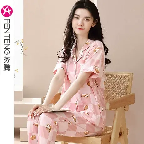 芬腾睡衣女纯棉夏季短袖长裤薄款韩版卡通甜美少女全棉家居服套装商品大图