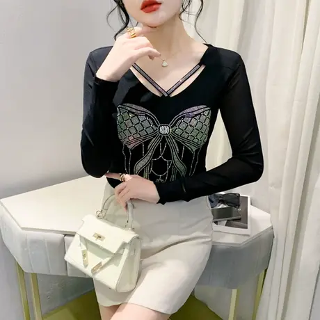 性感网纱拼接镂空长袖打底衫重工烫钻洋气上衣女修身显瘦内塔T恤商品大图