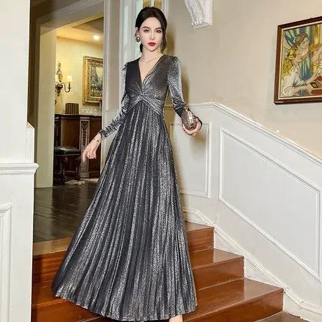 端庄优雅正式场合宴会连衣裙2024春款深V领收腰显瘦a字百褶长裙女商品大图