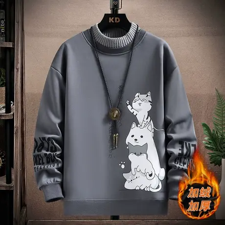 假两件重磅休闲卫衣男冬季新款青少年学生圆领加绒加厚上衣打底衫商品大图