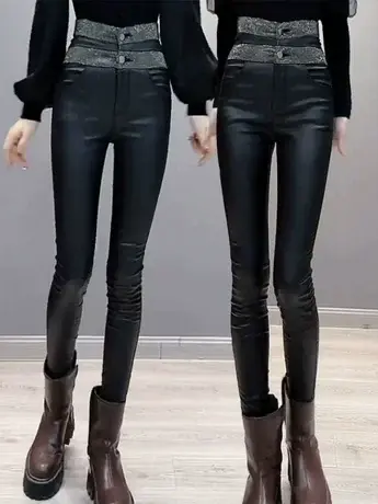 小众时髦百搭加绒保暖pu皮裤女2024新款秋冬修身小脚裤休闲铅笔裤商品大图