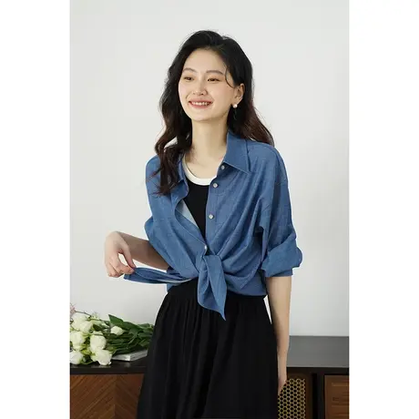 嘉茱莉2024春季新款衬衫外套女宽松休闲上衣蓝色翻领衬衣慵懒风图片