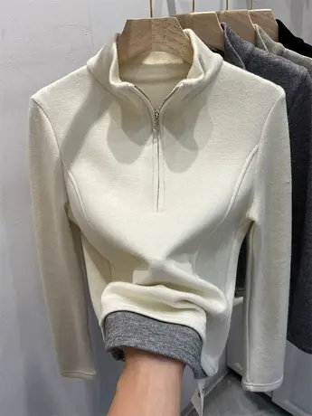 立领拉链拼接假两件长袖T恤女2024秋冬新款洋气内搭打底衫上衣潮图片