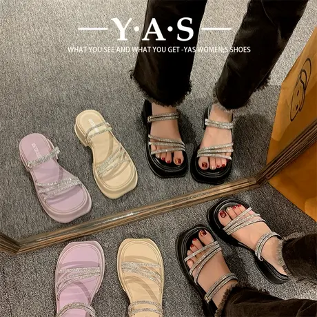 2024年新款夏季水钻松糕底厚底凉拖鞋女外穿罗马两穿凉鞋仙女鞋子商品大图