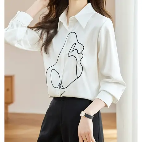 韩潮袭人时尚简约气质衬衫POLO领长袖印花宽松衬衣上衣图片