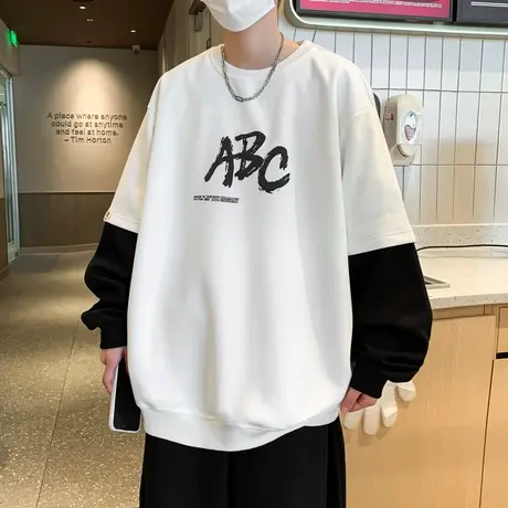 假两件卫衣男春秋款字母印花长袖t恤男潮牌外套青少年叠穿打底衫T商品大图