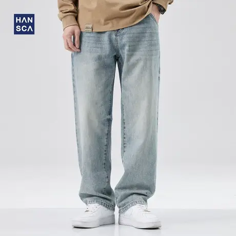 hansca直筒牛仔裤男春季潮牌美式高街复古水洗痞帅休闲大码长裤子商品大图