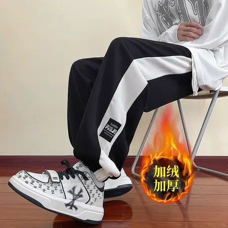 潮牌拼色休闲裤男冬季重磅加绒卫裤港风复古束脚百搭直筒运动裤子商品大图