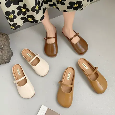 复古包头半拖玛丽珍鞋外穿乐福鞋奶奶鞋单鞋仙女风懒人平底穆勒鞋商品大图