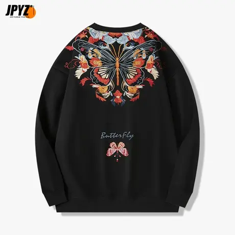 秋季中国风庄周梦蝶刺绣印花圆领长袖T恤潮流复古运动套头卫衣男商品大图