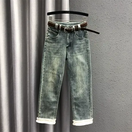 欧货高腰直筒裤女2024春夏新款重工裤脚折边花苞八分牛仔裤烟管裤图片