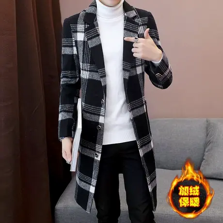 男士加绒加厚外套中长款毛呢子大衣冬季英伦格子帅气风衣潮流男装商品大图