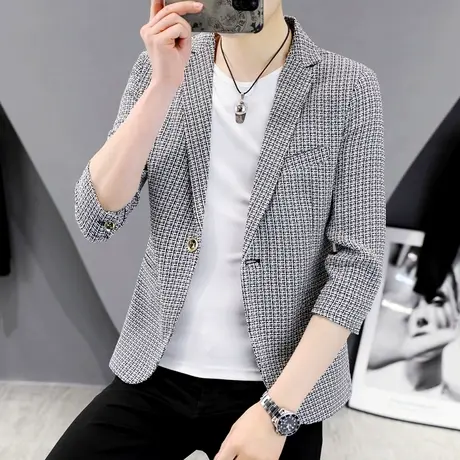 小香风外套男士夏季七分袖格子西装薄款潮流韩版修身半袖西服上衣商品大图