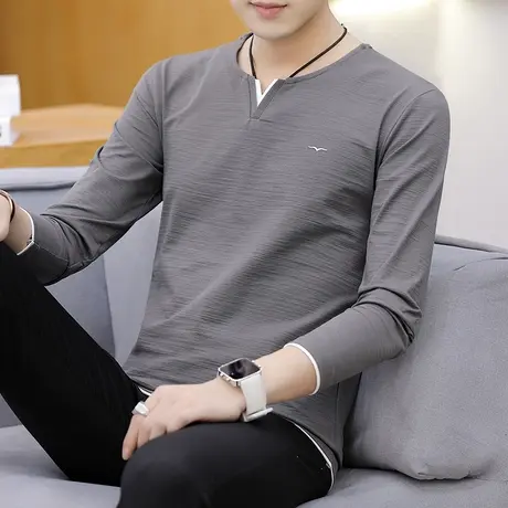男士长袖t恤2023新款春秋季韩版潮流内搭上衣服棉感薄款v领打底衫商品大图
