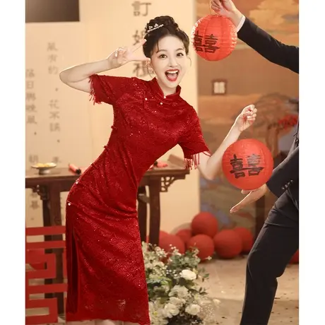 红色改良旗袍秋季2023新款少女小个子敬酒礼服订婚结婚回门连衣裙商品大图