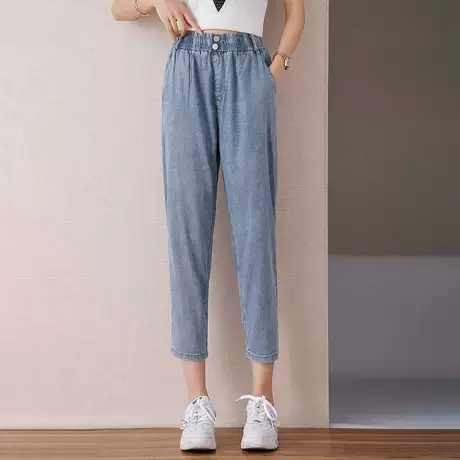 伊自尚2023年秋季新款女装时尚遮肉显瘦长裤胖mm简约蓝色牛仔裤女商品大图