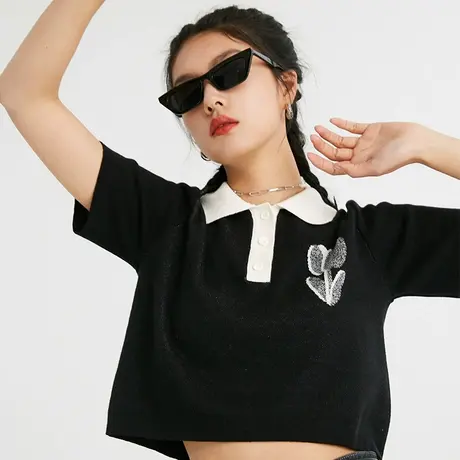 omont蛋挞家复古修身短款针织T恤女小个子短袖polo衫上衣夏新款潮商品大图