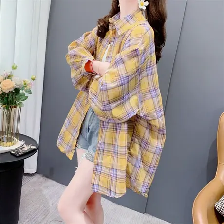 薄款格子防晒衬衫女夏季2023新款宽松慵懒风大码洋气百搭上衣外套图片