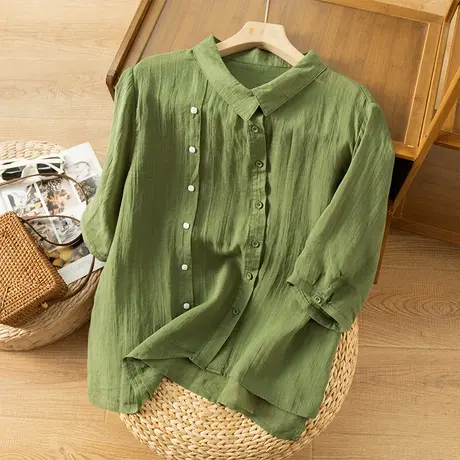 享永子苎麻衬衫女文艺复古宽松休闲棉麻上衣百搭气质2023春夏新款图片