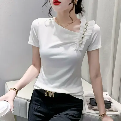 欧货气质T恤女短袖设计感小众斜领上衣时尚荷叶边小衫修身丅恤夏商品大图