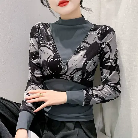 性感半高领T恤女长袖设计感钉珠假两件上衣洋气修身减龄打底衫秋商品大图