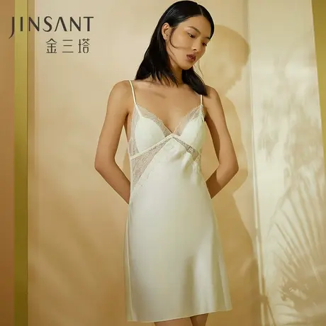 金三塔100%桑蚕丝真丝拼蕾丝带胸垫免穿文胸时尚吊带裙女23年新品图片