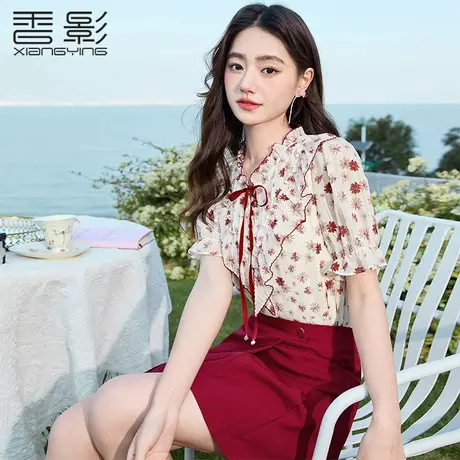 香影泡泡袖雪纺衬衫女2023夏装新款法式木耳边花边领红色碎花上衣图片