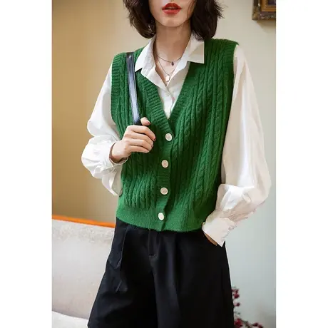 弥古绿色v领针织马甲女春秋外穿麻花毛衣背心显瘦小马夹衬衫外搭商品大图