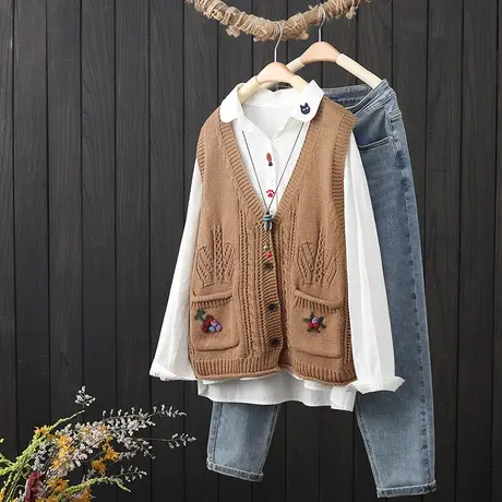 文艺复古V领针织马夹背心秋季2022新款毛线马甲女士宽松开衫外穿商品大图
