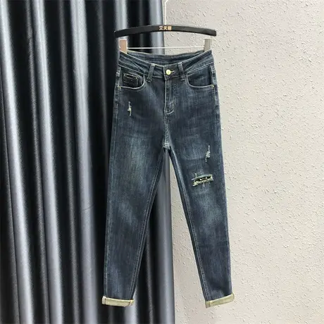 2023秋季新款欧货破洞设计感牛仔小脚裤女高腰显瘦紧身弹力铅笔裤商品大图