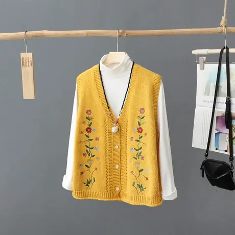 文艺复古刺绣V领针织开衫女无袖2023年新款宽松马甲叠穿背心坎肩X图片