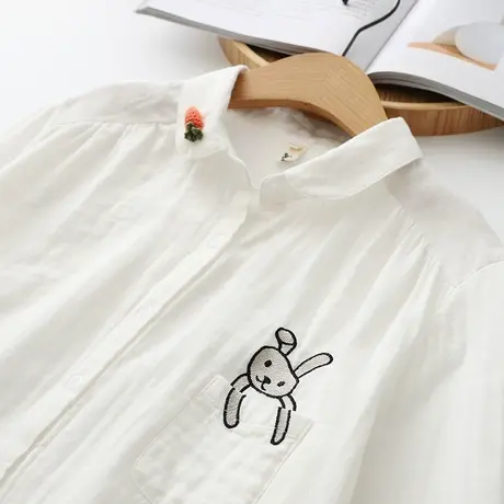 春装日系文艺小清新娃娃领叠穿双层棉纱刺绣白衬衫女长袖宽松上衣商品大图