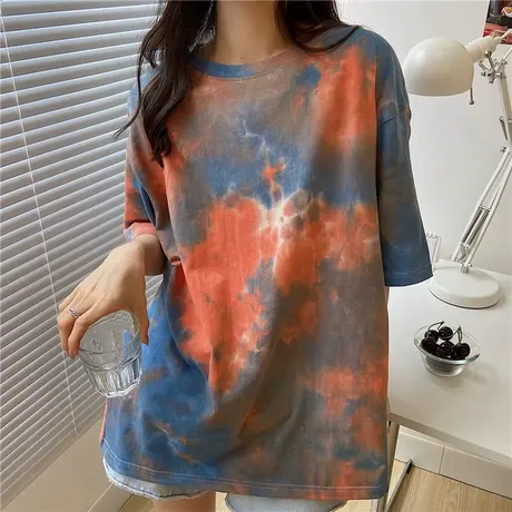 宽松短袖T恤女夏季大码休闲扎染原宿风2023年新款纯棉遮肚子上衣商品大图
