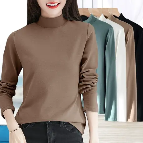 秋冬季打底衫女小中立半高领精梳纯棉长袖t恤中老年妈妈内搭秋衣商品大图