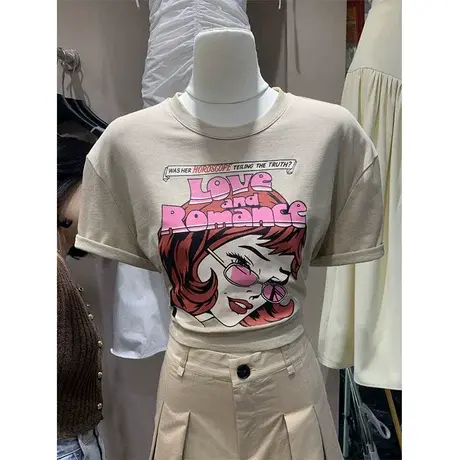 十三行女装新款2023韩版时尚个性减龄修身短款小个子人像T恤短袖商品大图