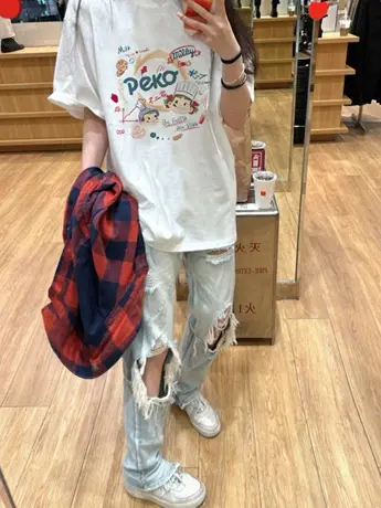 美式复古仿棉短袖t恤女装夏季2023新款洋气减龄独特别致显瘦上衣商品大图