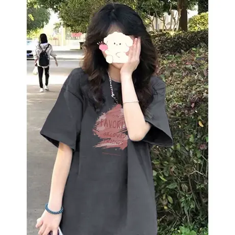 美式复古设计感小众短袖T恤女夏装洋气减龄百搭宽松显瘦纯棉上衣图片
