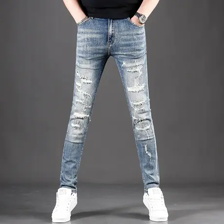 补丁破洞牛仔裤男款修身小脚2023新款夏季高端潮牌弹力男士裤子商品大图
