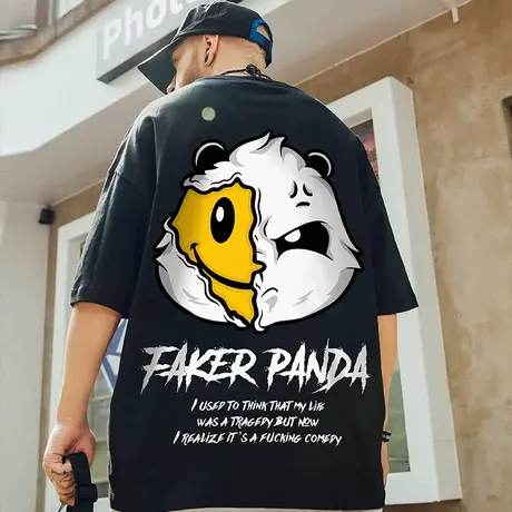 国潮oversize熊猫短袖T恤男潮胖ins潮牌潮流情侣加肥加大半袖体恤商品大图