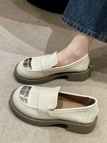 厚底增高学院风单鞋女2023年秋季新款粗跟一脚蹬乐福鞋金属小皮鞋商品大图