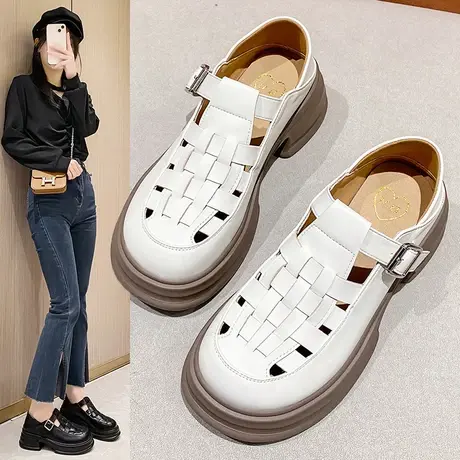 包头单鞋女2023春夏新款休闲鞋英伦粗跟罗马圆头镂空软底凉鞋女鞋商品大图