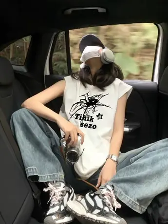 美式纯棉吊带运动坎肩背心无袖t恤女2025新款夏外穿宽松挂脖上衣图片