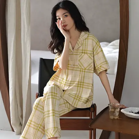 婷美高档纯棉睡衣女士夏季薄款短袖长裤开衫翻领ins风家居服套装商品大图