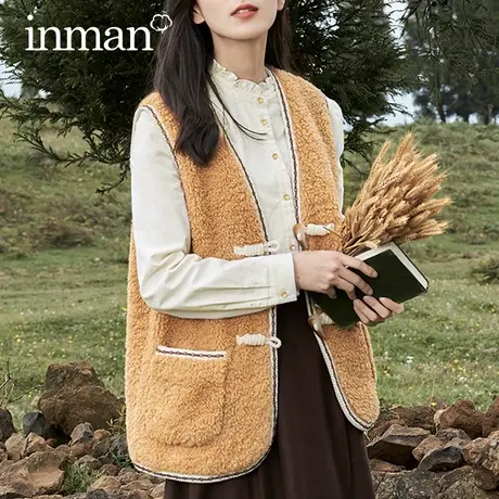 茵曼旗舰店小香风羊羔毛马甲上衣女2023秋装新款保暖毛绒背心外套图片