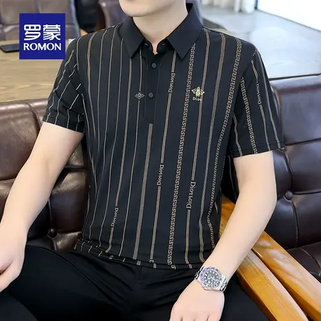 罗蒙男士条纹短袖Polo衫夏季薄款商务休闲带翻领T恤刺绣冰丝上衣商品大图