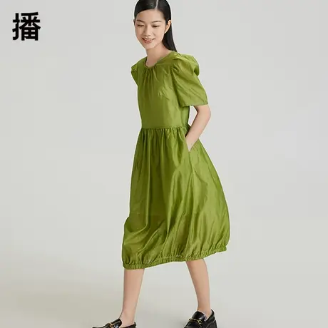 播圆领泡泡袖高腰连衣裙女2023夏季新款灯笼裙通勤收腰短袖中长裙图片