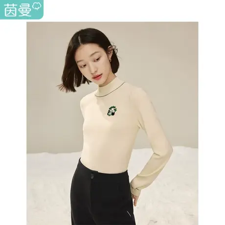 茵曼半高领刺绣毛衣2023冬季女装新款套头长袖修身显瘦打底衫上衣商品大图